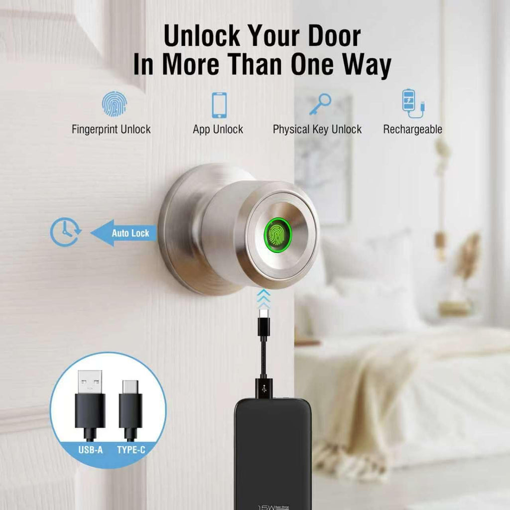 Fingerprint Door Knob, Rechargeable Keyless Smart Lock