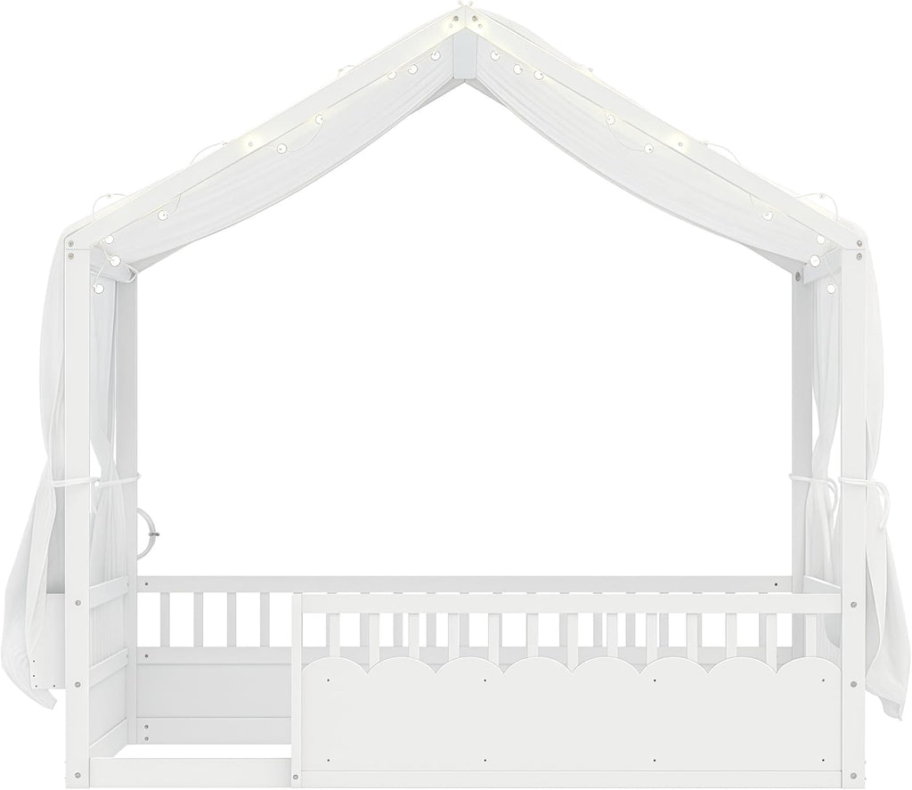 Floor Bed Frame, Wooden Canopy House Bed Frame, White
