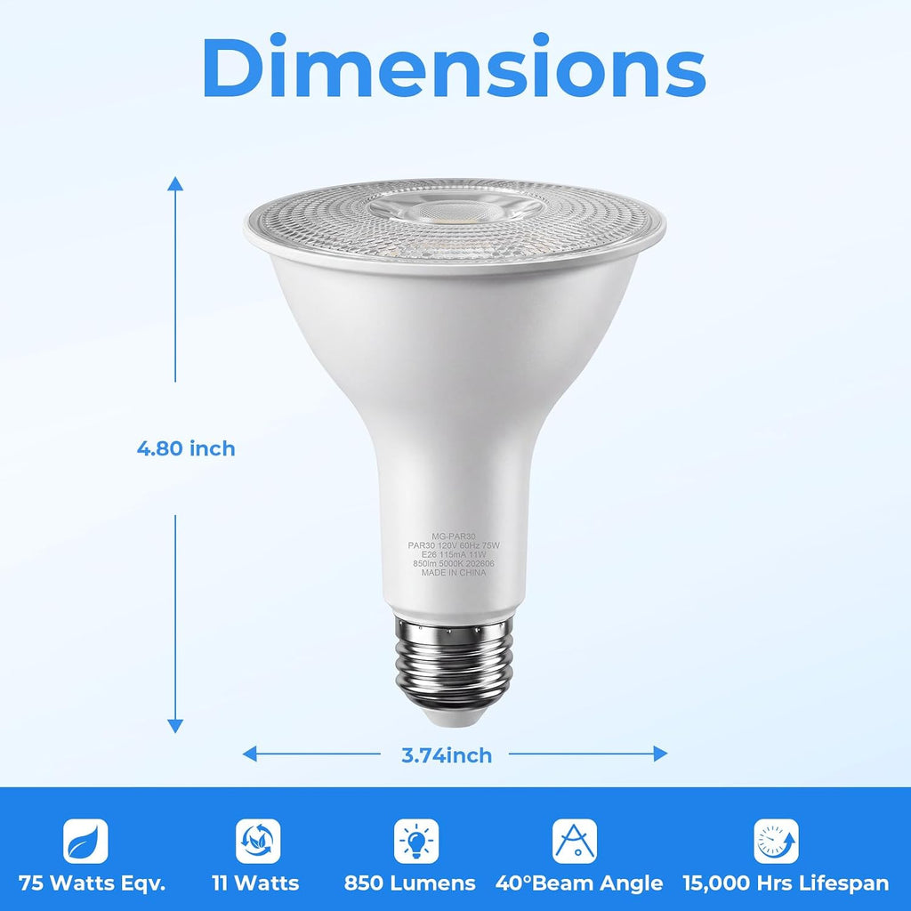 75 Watt PAR30 Floodlight Bulb Dimmable, 5000K Daylight, 4 Pack