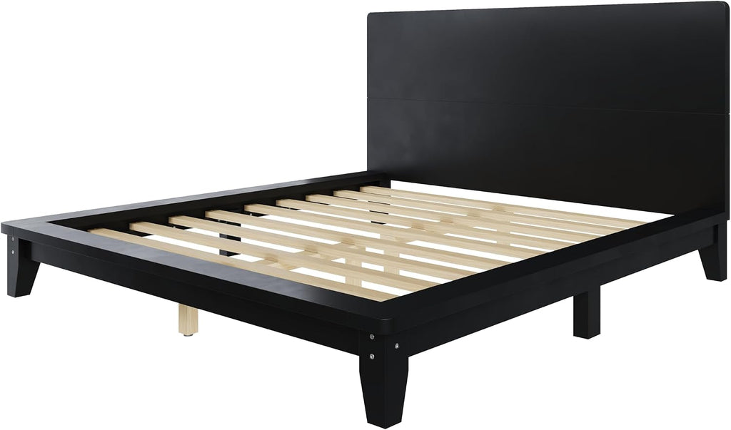 Mid-Century Full Size Wooden Bed Frames, Pine Wood Japanese Low Platform Bed with Brown Headboard, 7 inch Low Under