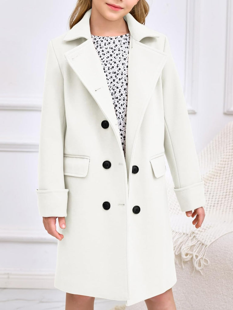 Girls Double Breasted Trench Coat Notch Lapel Long Peacoat