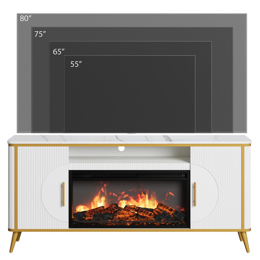 Fluted Fireplace TV Stand Up to 80" TVs, Modern Entertainment Center with 30" Electric Fireplace, Luxury Media