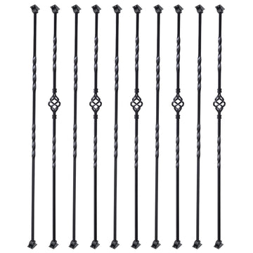 10-Pack Iron Balusters for Stairs, 1/2"x44" Hollow Double Twist and Single Basket Metal Stair Spindles, Satin Black