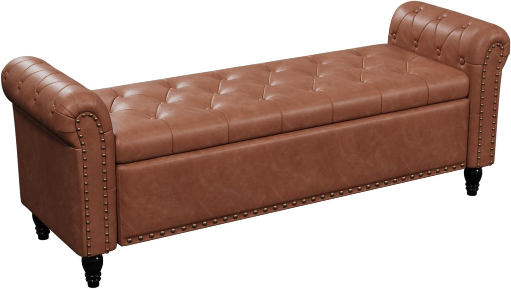 65 Inch Bedroom Bench, End of Bed Bench with Storage, Brown | Bed Benches for Foot of Bed, Faux Leather Window Bench