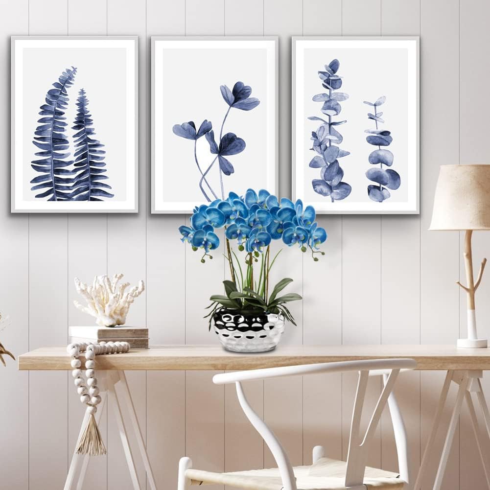 Orchids Artificial Flowers 18" Blue Phalaenopsis Large Orchid with Silver Ceramic Pots Fake Orchid Flower Bathroom