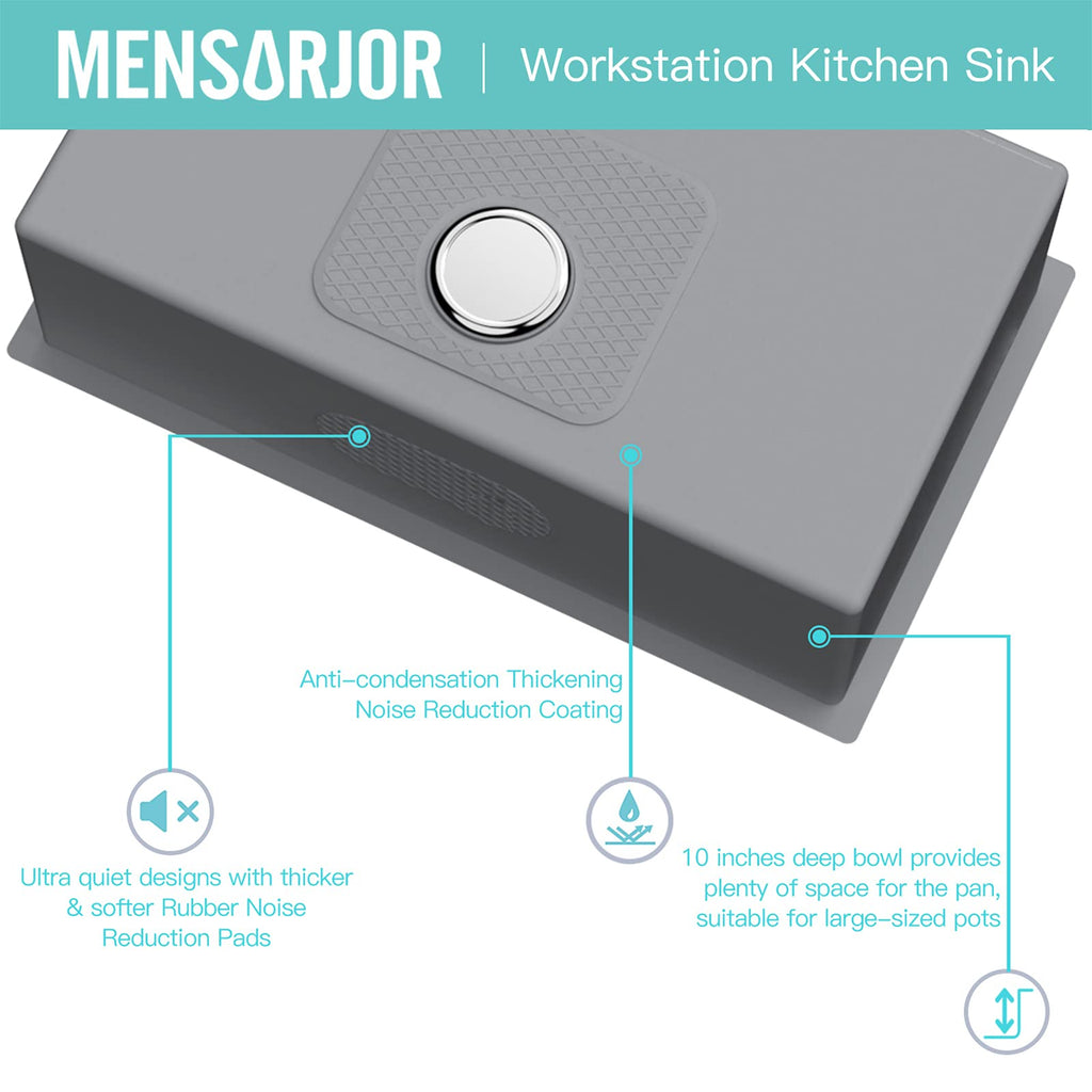 32 x 19 Inch Workstation Ledge Handmade Undermount Kitchen Sink Stainless Steel 16 Gauge Big Single Bowl Sink