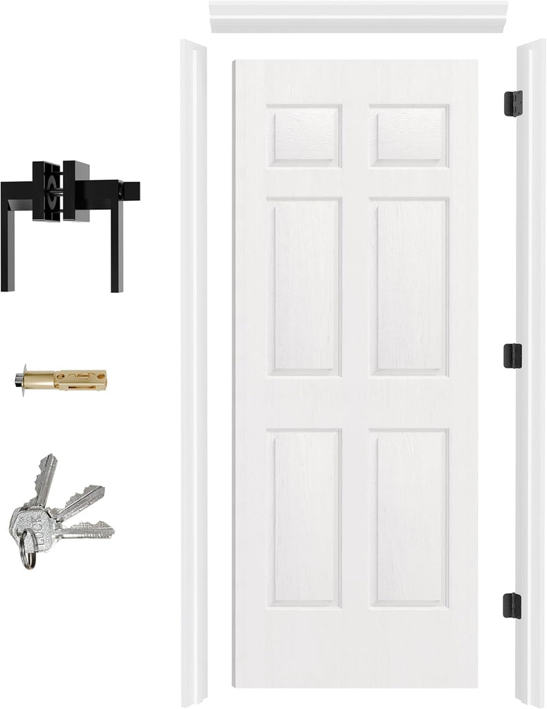 Prehung Door, 6-Panel Hollow Core Door Slab with Door Jamb Hardware Kit & Black Door Lever, 24" x 80" Interior Door for Closet Bedroom Laundry, Easy Assemble - Right Handed with Hinges