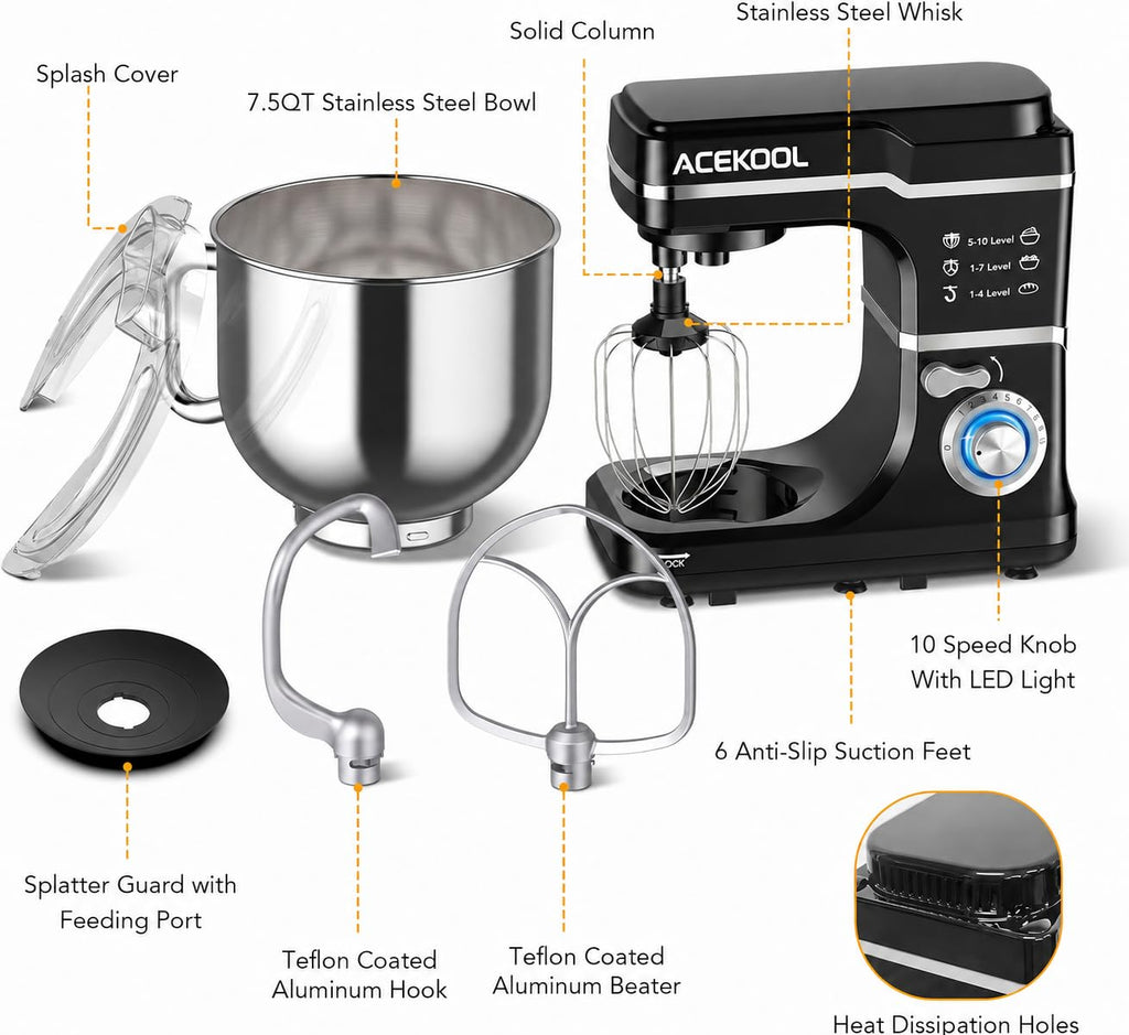 7.5QT Stand Mixer, 660W Kitchen Mixer with 10 Speeds, Black