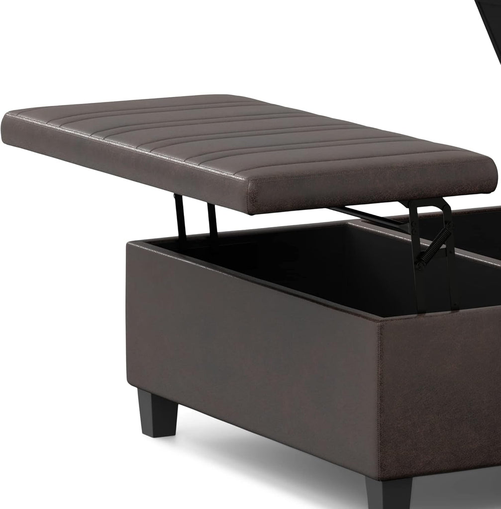 Ellis 36" Wide Vegan Leather Storage Ottoman in Stone Grey | Contemporary tufted ottoman with lift-up lid storage ;