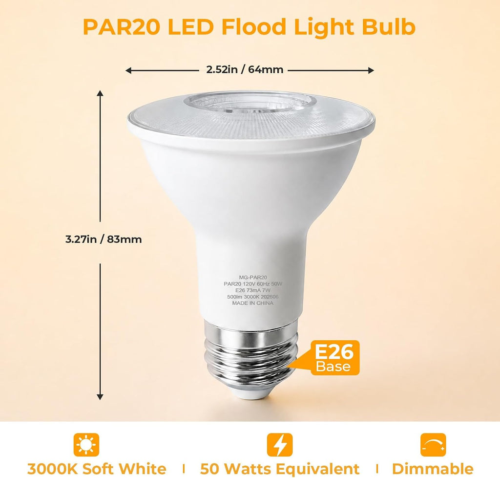 PAR20 LED Bulbs Flood Light Bulbs Indoor, 50W Equivalent, E26 Base