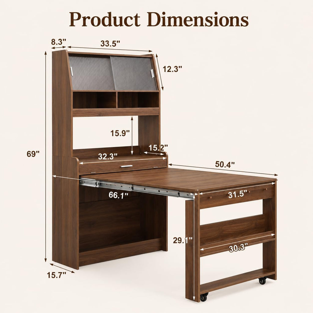 69 Inch Buffet with Hutch and Foldable Dining Table, Walnut | Walnut finish, MDF, dining room or apartment, foldable