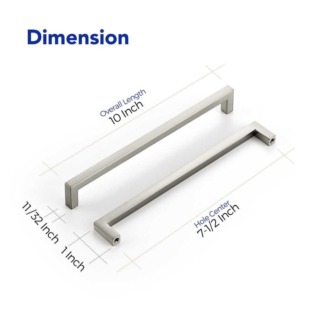Brushed Nickel Square Solid Cabinet Handles, 7-1/2 Inch, 15 Pack