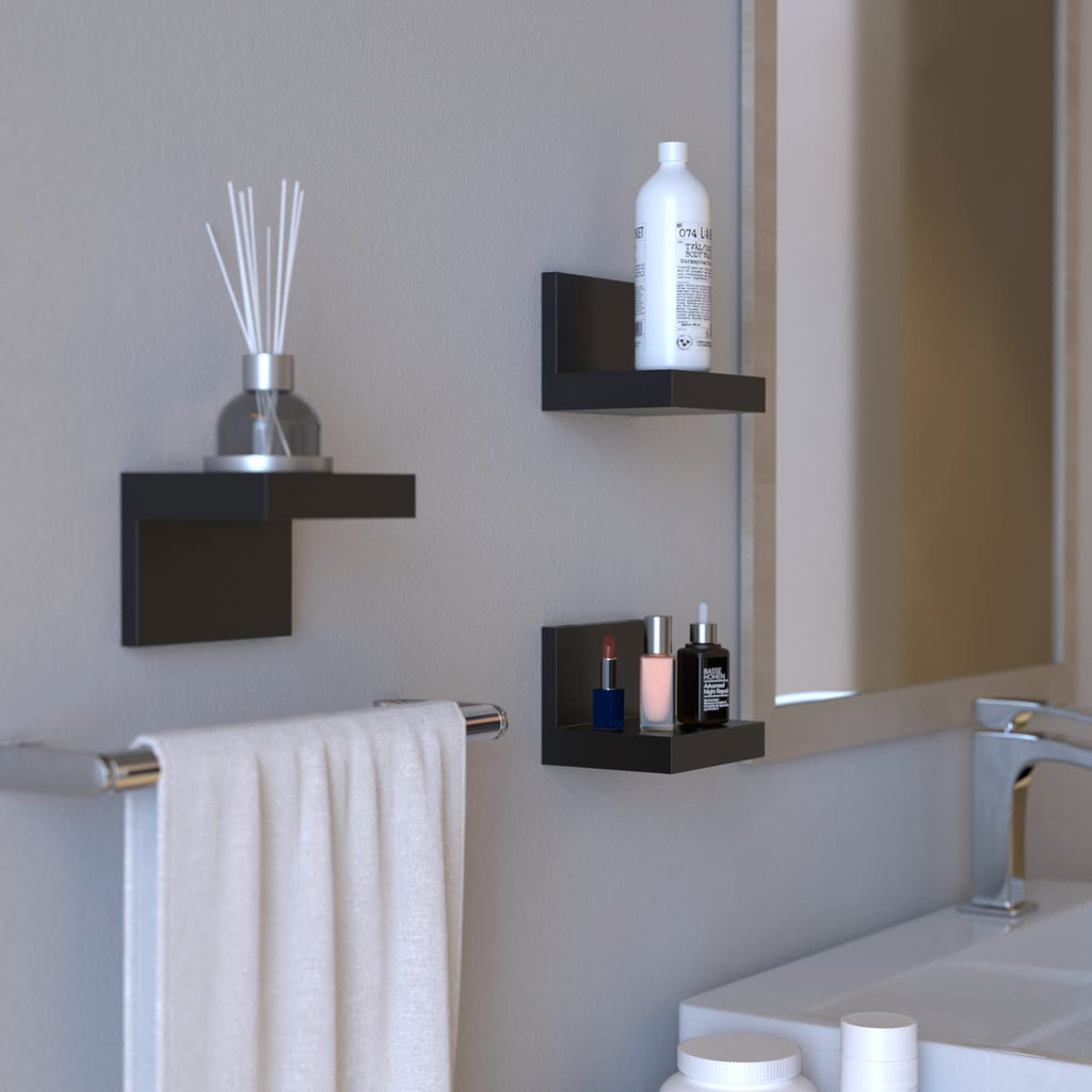 7-Set Small Floating Wall Shelf, No Drill Bathroom Shelf Black