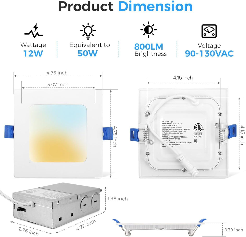 6 Pack 4 Inch Square LED Recessed Lighting, 5CCT, 12W, Dimmable