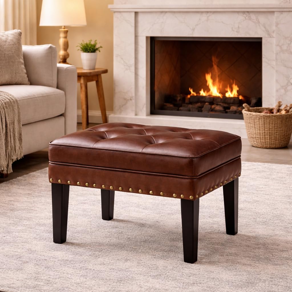 Faux Leather Foot Stool, Mid Century Modern Foot Stools Ottoman, Vintage Ottoman Tufted Square Vanity Seat, Coffee