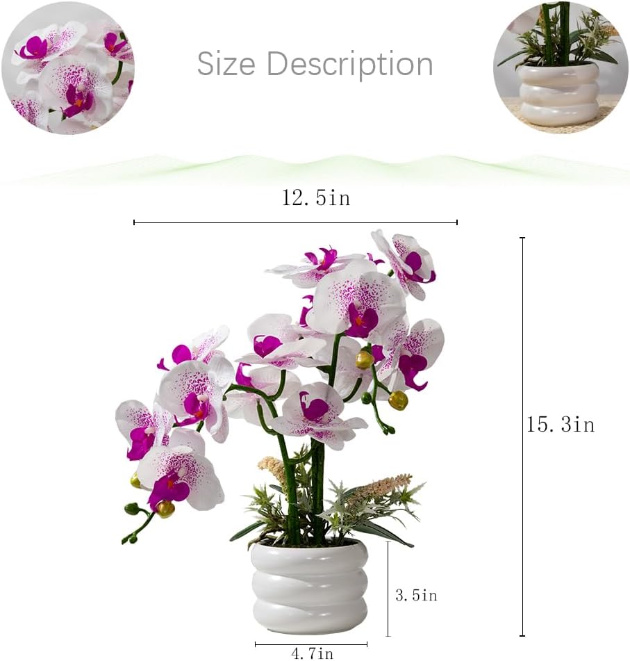 Artificial Orchids Flowers with Vase for Table Centerpieces, Real Touch Faux White Orchid Phalaenopsis in Ceramic