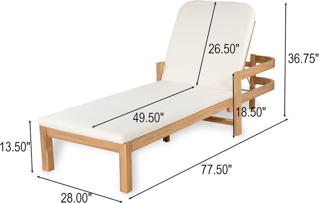 Acacia Wood Chaise Lounge with Adjustable Backrest, 77.5" Outdoor Sun Lounger with Cushion, Modern Patio