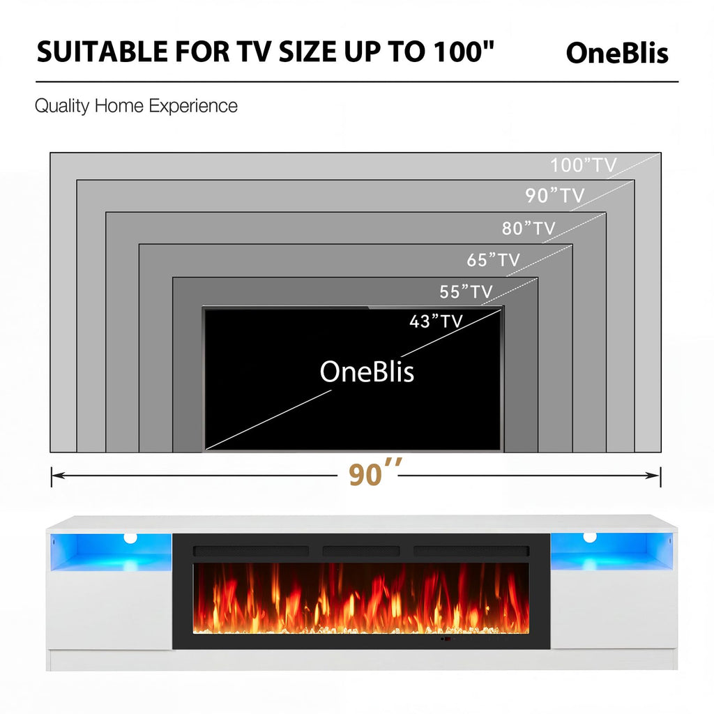 90" TV Stand with 50" Electric Fireplace, Large Modern Media Entertainment Center with Storage Cabinet and 12 Colors