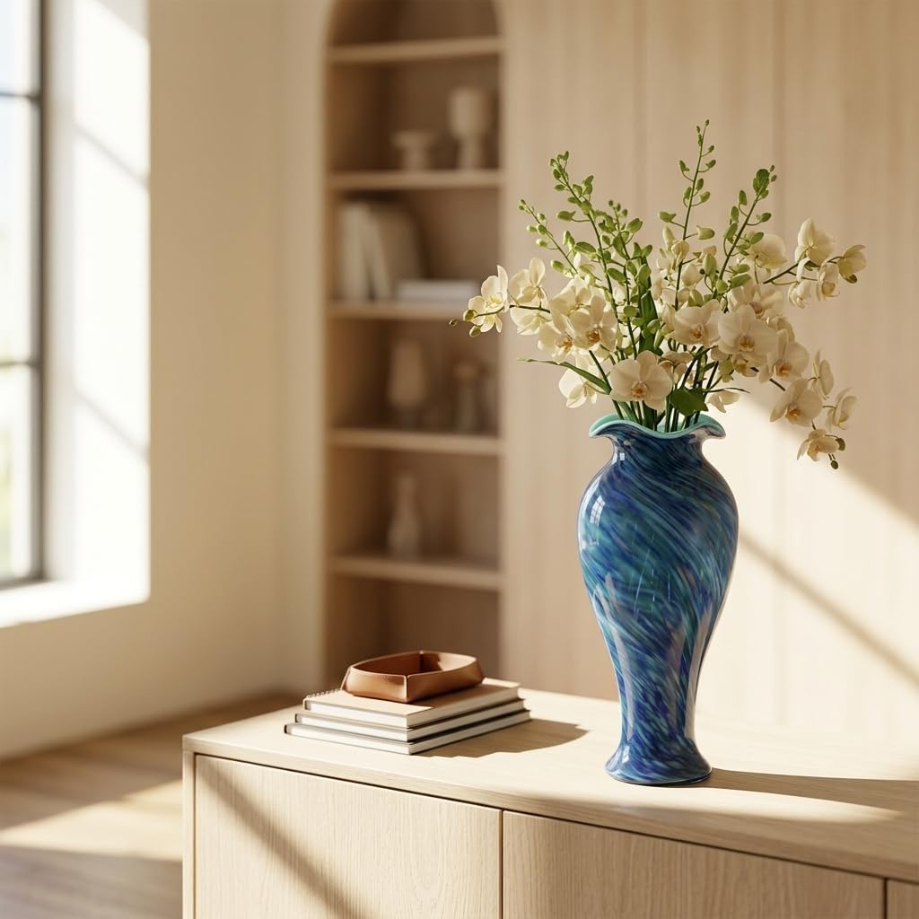 Hand Blown Glass Vase, Large Blue Glass Vase, Modern Glass Art Decor for the Living Room Coffee Table, Dining Table