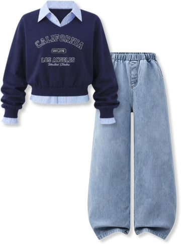 Clothes Spring Fall Spliced Fake Two Piece Long Sleeve Top & Denim Pants 2PCS Set Girl Outfits