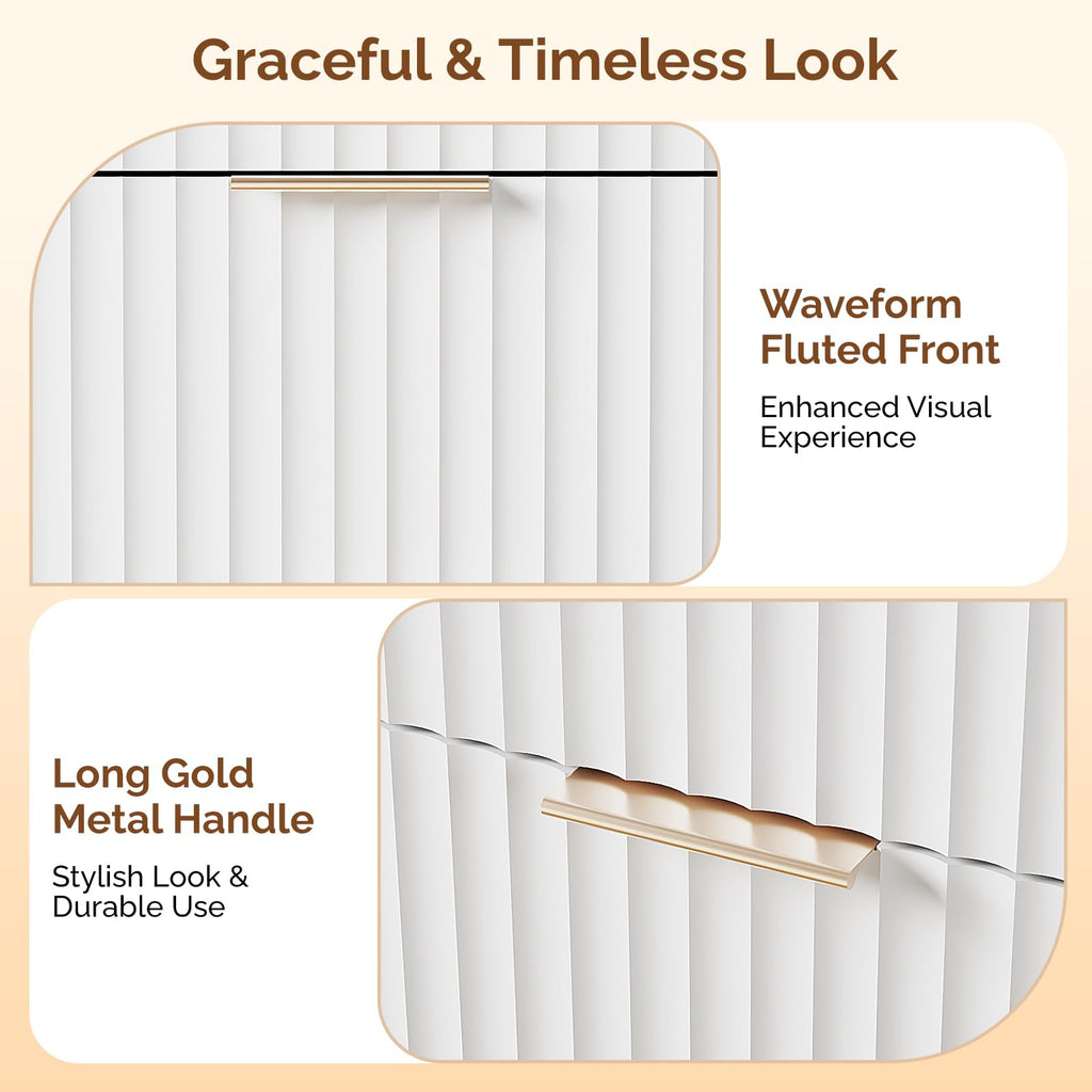 9 Drawer Dresser White Fluted Dresser with Rounded Edges, 57" Long Wood Dressers White and Gold, 57" W*15.75"