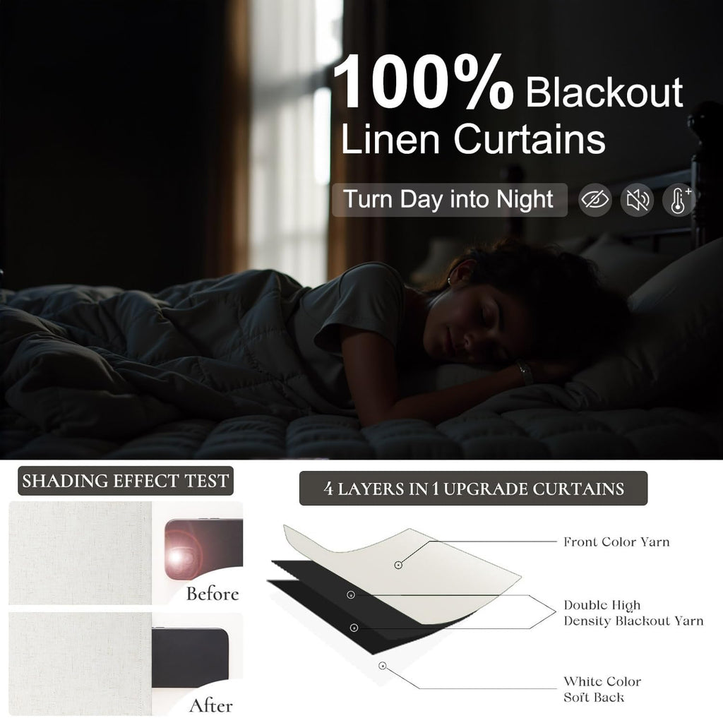 90 Inch Length Back Tab Natural Linen Blackout Bedroom Curtains 70 In Wide Cream Ivory Thermal Insulated Soundproof