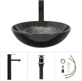 Bathroom Artistic Vessel Sink, Tempered Glass Vanity Round Bowl with Oil Rubber Bronze Faucet and Pop up drain Set