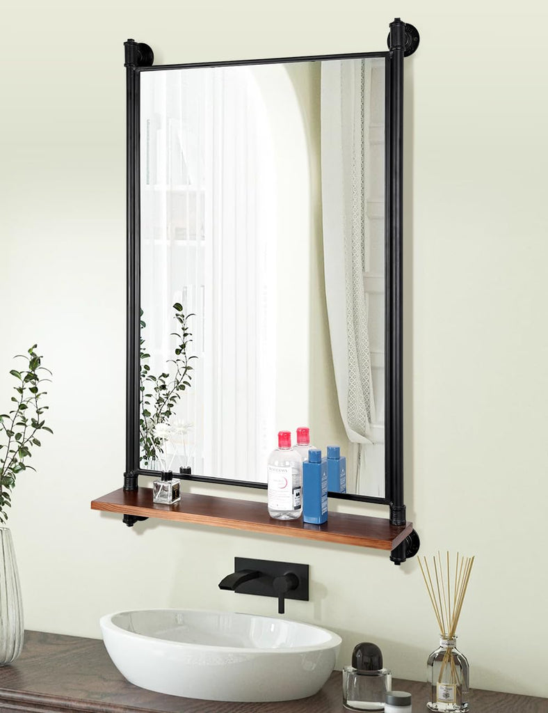 Industrial Pipe Wall Mirror with Shelf, Rustic Bathroom Mirror with Shelves