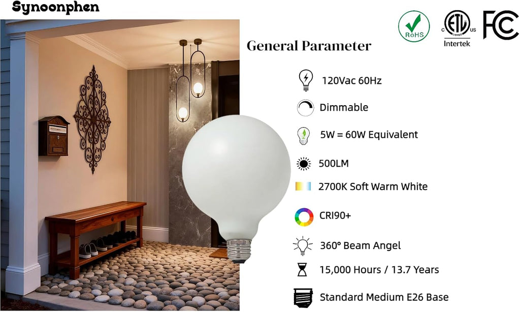 Oversized G40 Large Globe Light Bulb 60 Watt Equivalent, Dimmable E26 Base, Warm White, Porcelain Coated Edison Bulb