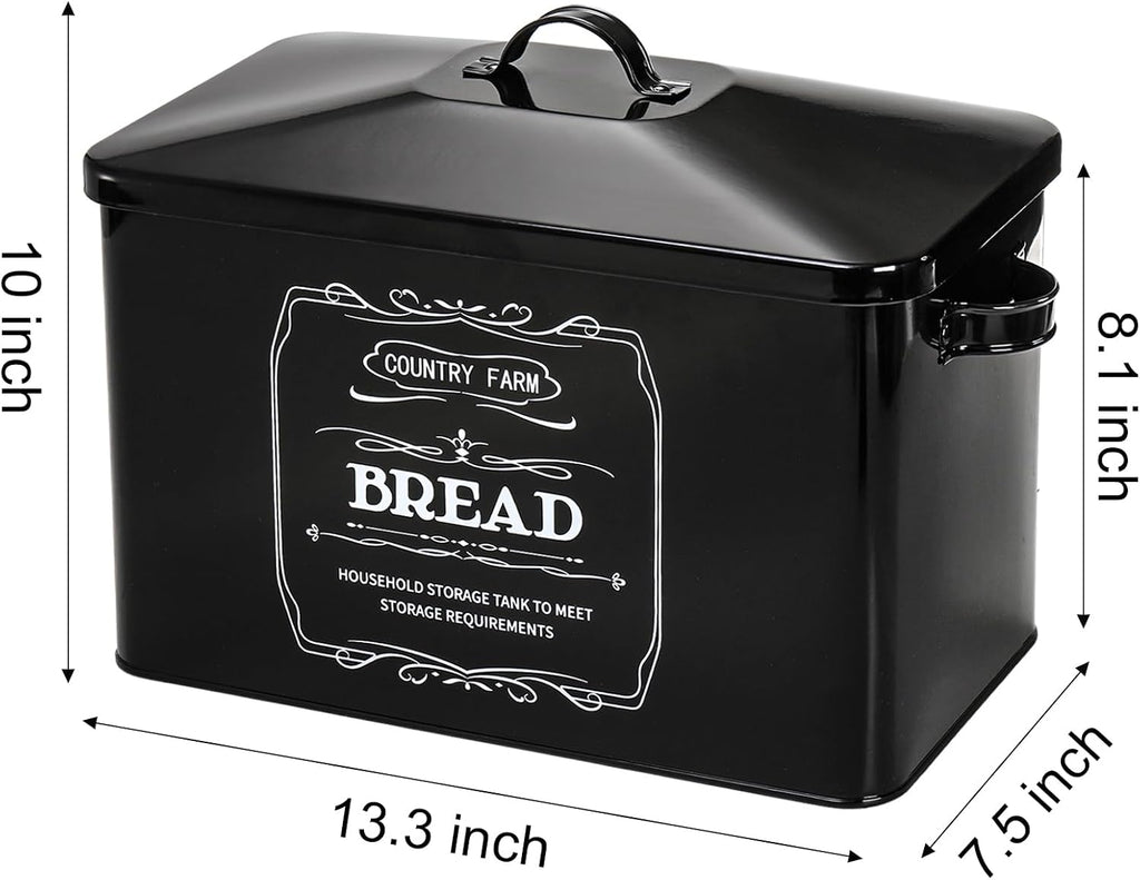 Metal Bread Box with 3 Kitchen Canisters Set, Large Black Farmhouse Bread Tin Countertop, Coffee Tea Sugar Canister - Set of 4