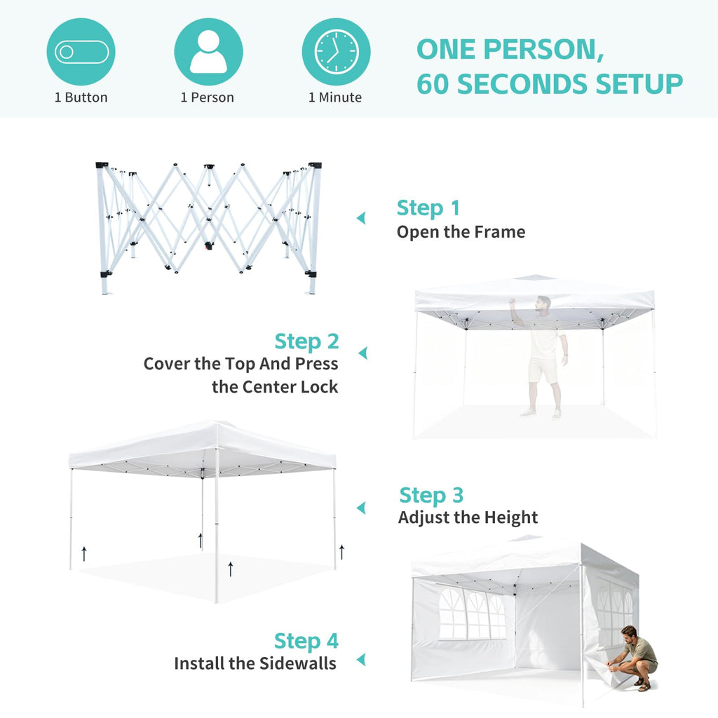 10x10 One Push Pop Up Canopy Tent with Vented Roof, White