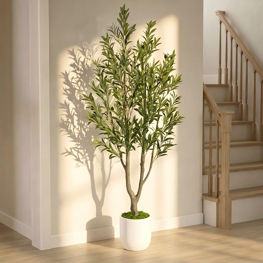 6FT Artificial Olive Tree with White Tall Planter, 72" Realistic Silk Leaves & Fruits Faux Olive Tree, Tall Potted