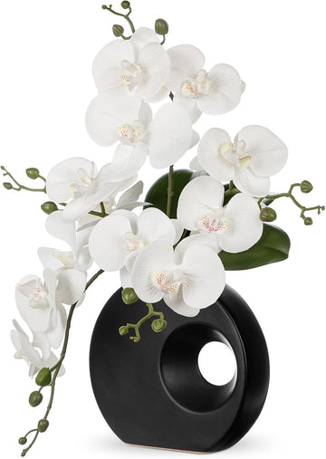 Artificial Orchid Flowers in Black Modern Ceramic Vase 15.7" Tall White Faux Orchid Arrangement Silk Orchid Flower