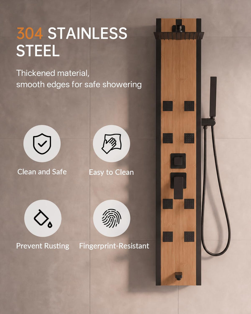 Stainless Steel Shower Panel Tower System Black and Bamboo 8 Jets