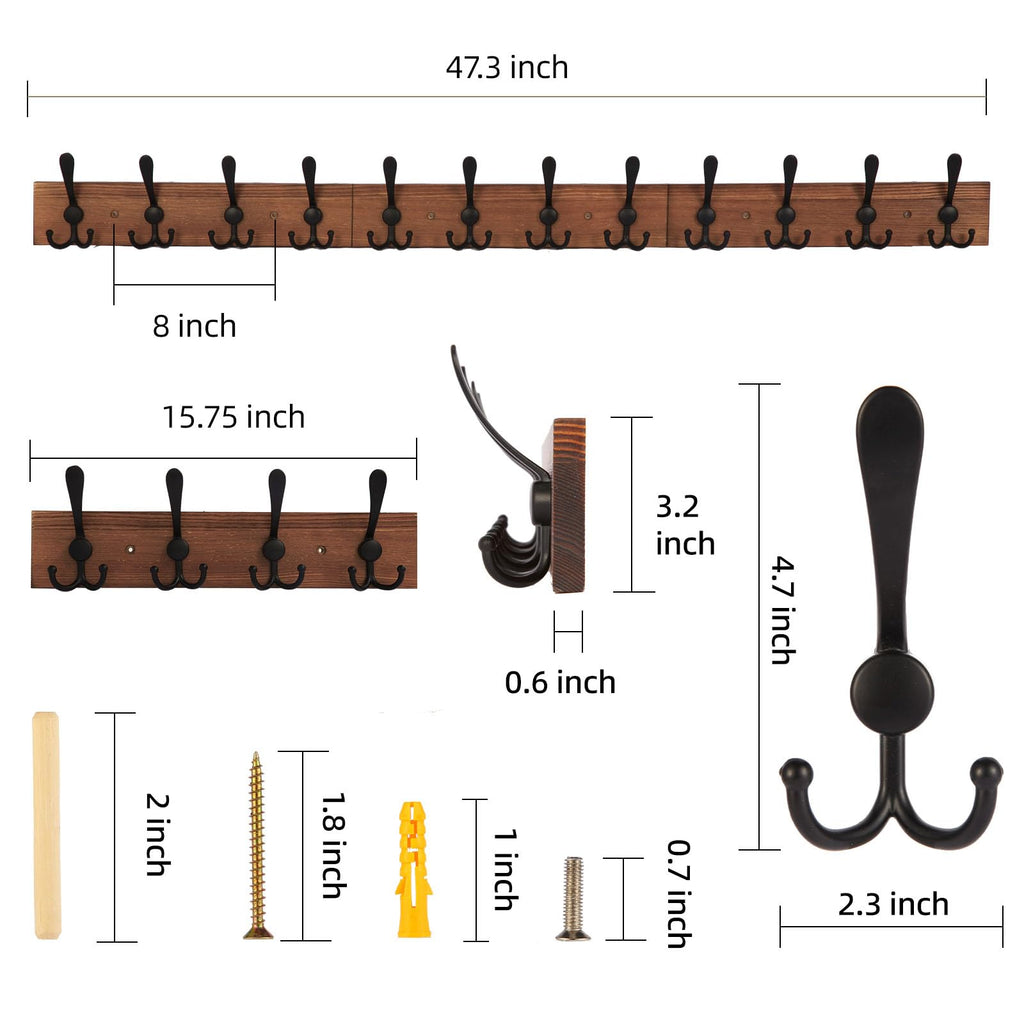 Wall Mount Coat Rack 47.3'' Burnt Brown Hanger - Rustic Towel Rack - Hooks for Coats, Hats, Clothes