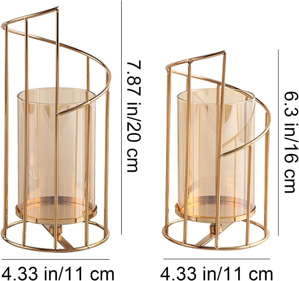 Metal Wire Candle Holder Set of 2, Glass Pillar Candle Holders Gold Decorative Tea Light Candleholders Decor Table