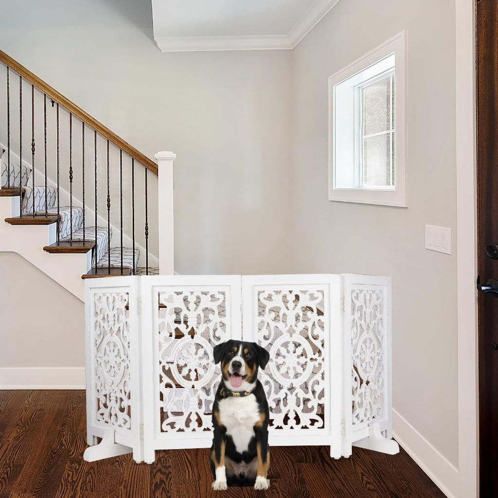Wooden Pet Gate - Foldable 4 Panel Dog Barrier, Antique White