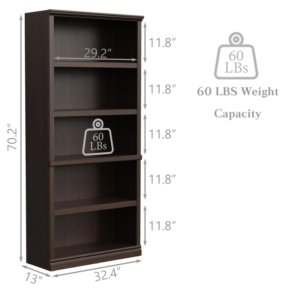 70-Inch Dark Cherry Bookcase, 5-Tier Shelves Open Storage Bookshelf