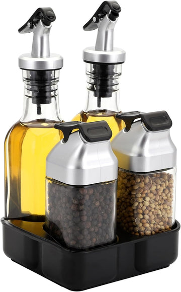 Oil Vinegar Dispenser Bottles Set with Caddy Stand, Tabletop Glass Salt Pepper Shaker Olive Oil Vinegar Cruets - Set of 5