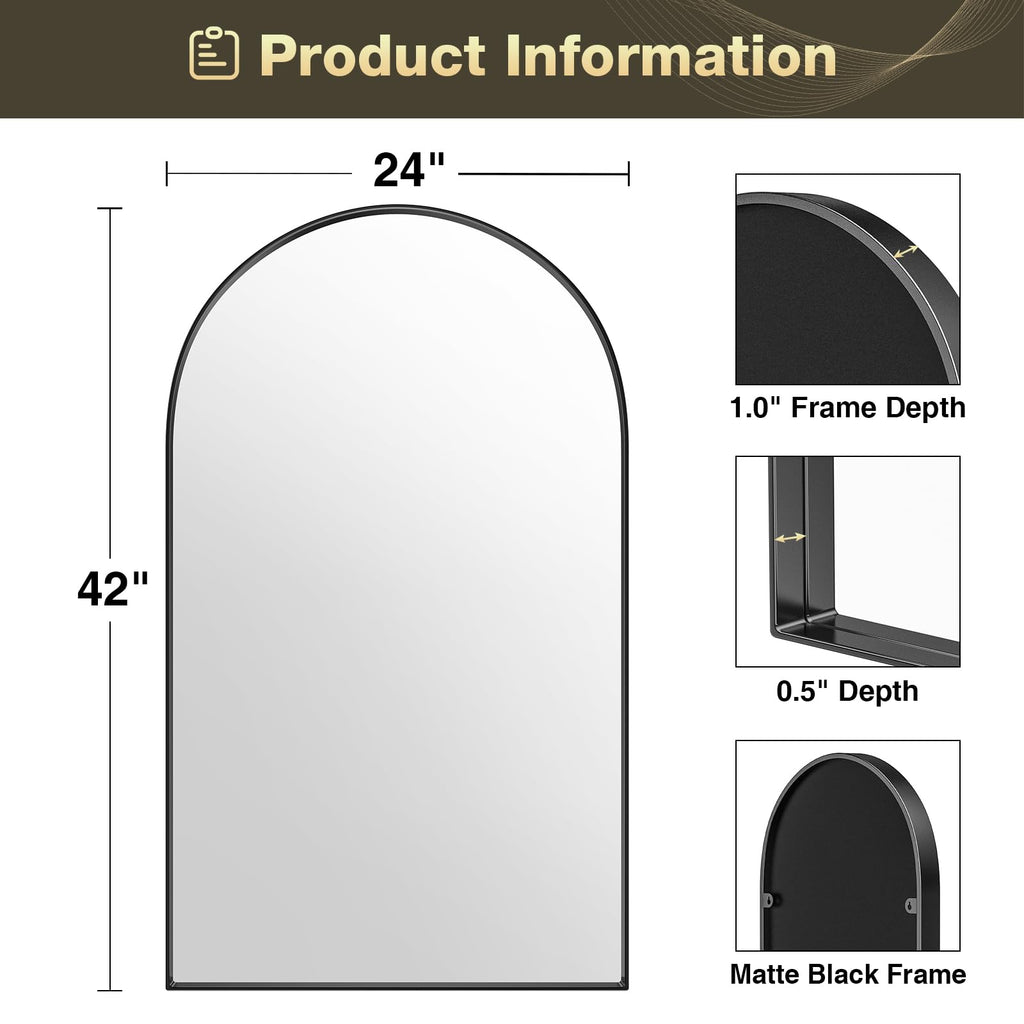 Arched Mirror, Arched Wall Mirror, 24 x 42 Inch Black Arch Mirror, Metal Frame Black Bathroom Mirror, Arched Top
