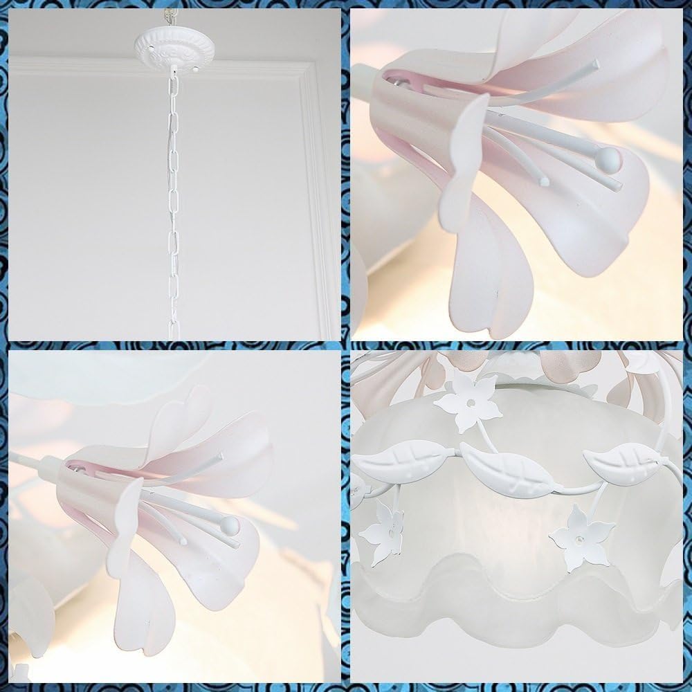 White Wrought Iron Floral Pendant Chandelier with Pink Lily Flowers & Frosted Glass Shade, 8.7" W