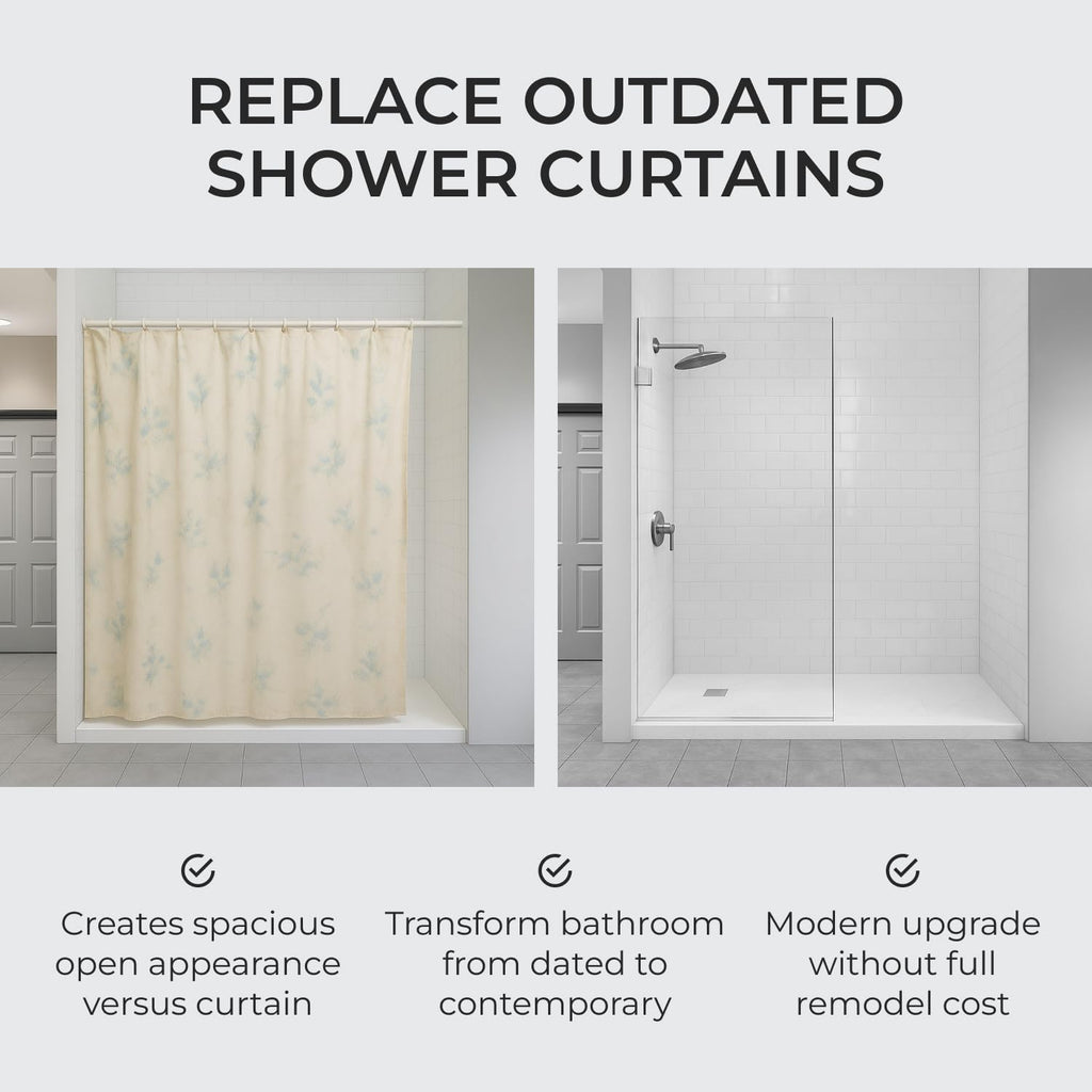 30x76 Frameless Shower Panel - 3/8" Thick Tempered Safety Glass - Fixed Bathroom Partition - Brushed Nickel Finish