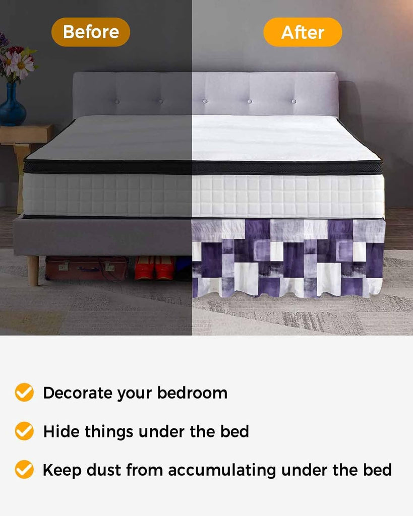 Purple Geometric Bed Skirt King Size 16 Inch Drop, Adjustable Elastic Wrap Around Bed Skirts Easy Fitting Dust Ruffle