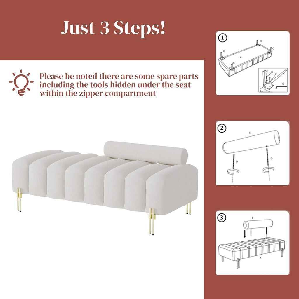 52.2" Velvet Upholstered Bench Ottoman with Adjustable Backrest,Beige White | Modern Channel Tufted End of Bed Bench