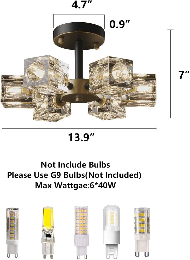 Semi Flush Mount Ceiling Light,13inch Modern Black and Gold Crystal Chandeliers,6-Lights Industrial Sputnik