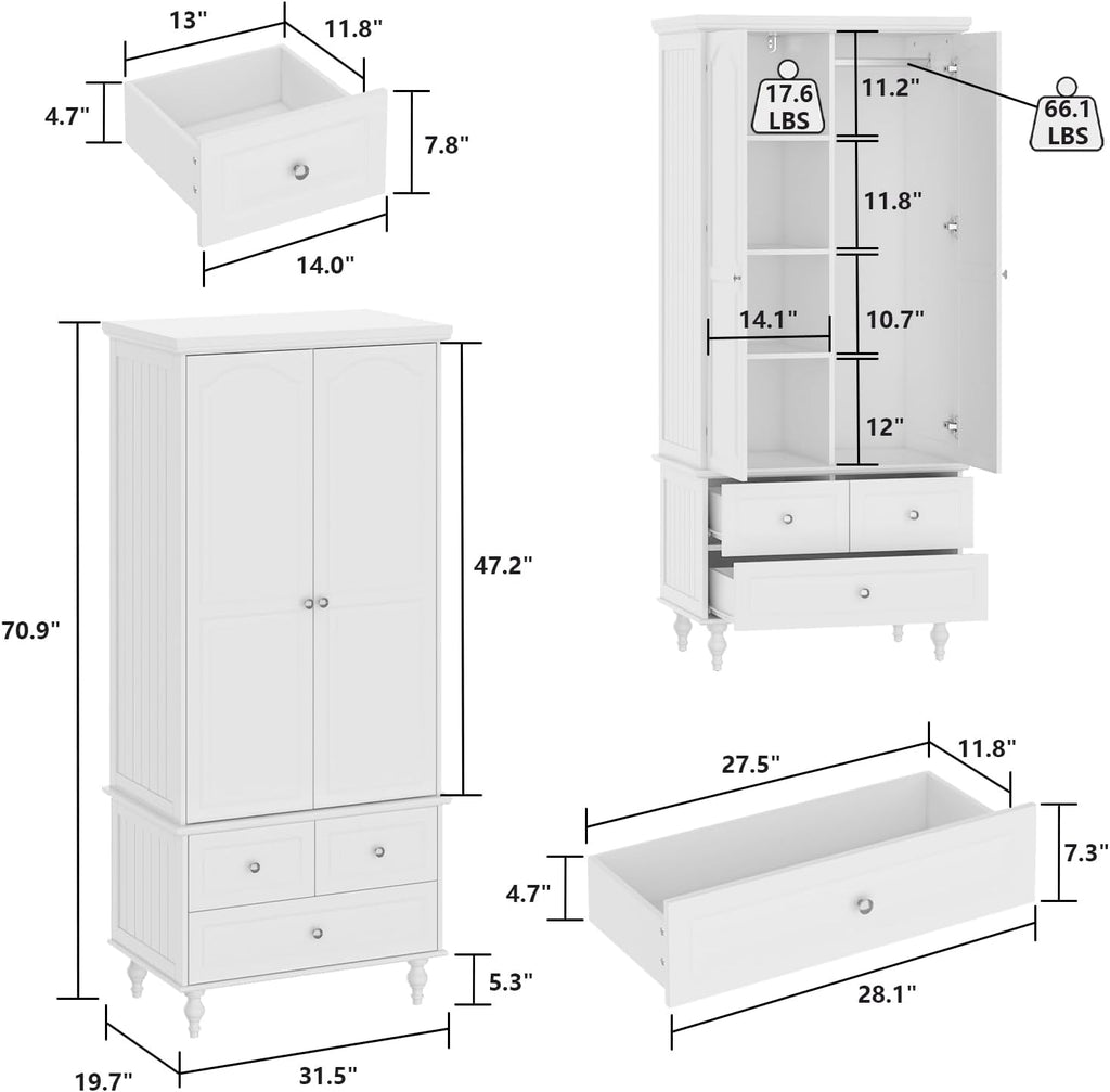 Bedroom Armoire Wardrobe Cabinet with 3 Drawers & Rod, White | 2 Doors Wood Armoire Closet with Hanging Rod, 3