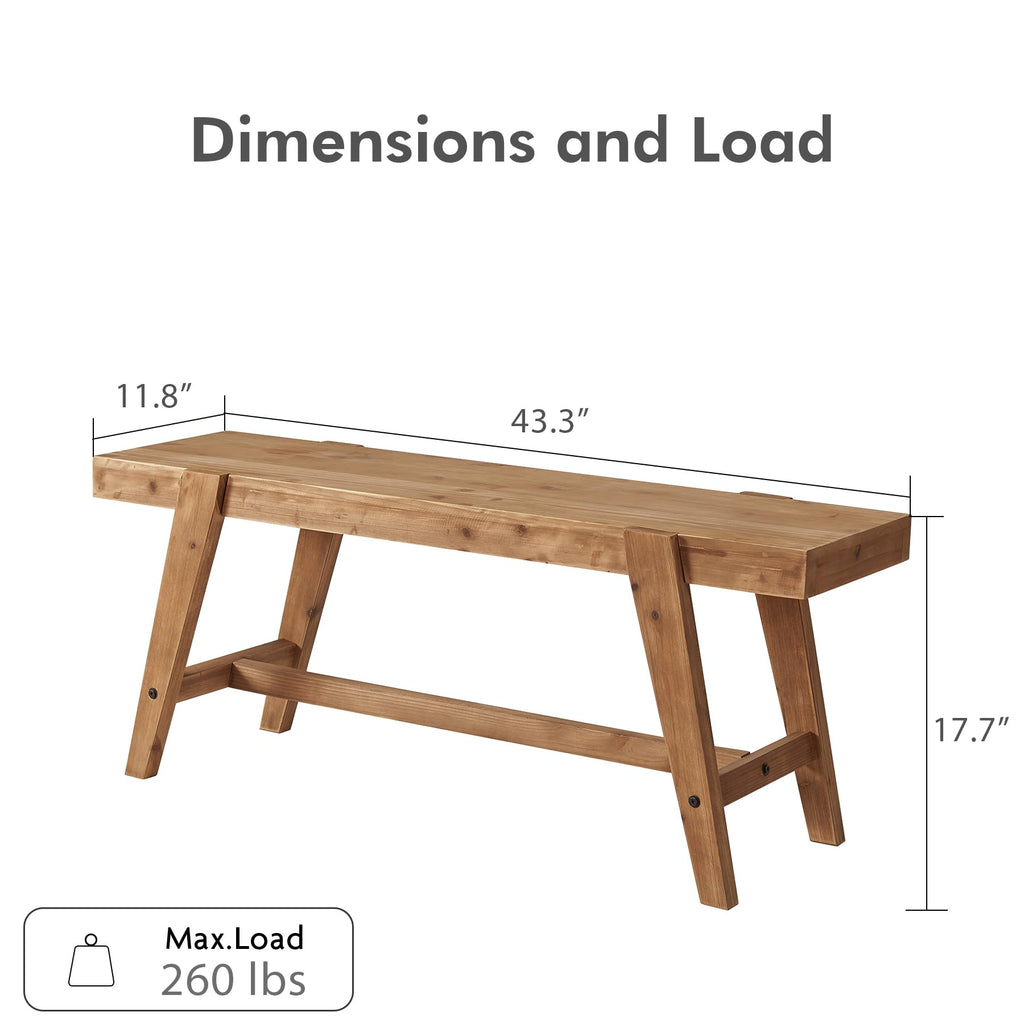 Farmhouse Solid Wood Entryway Bench - 43.4 Inches Rustic Long Bench, Dining Bench with Angled Legs, Hand-Finished