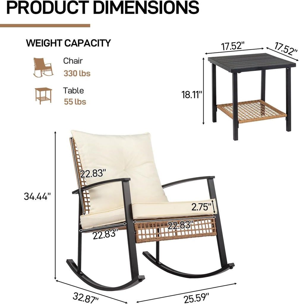 3-Piece Outdoor Rocking Bistro Set, Patio Furniture Set w/Soft Thick Cushions & 2-Tier Coffee Table, Rattan