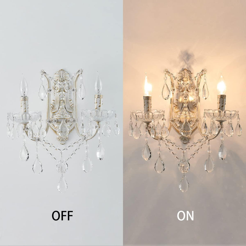 French Country Crystal Wall Sconce, 2-Light Distressed White Gold Candle Style with Teardrop Crystals, Hardwired