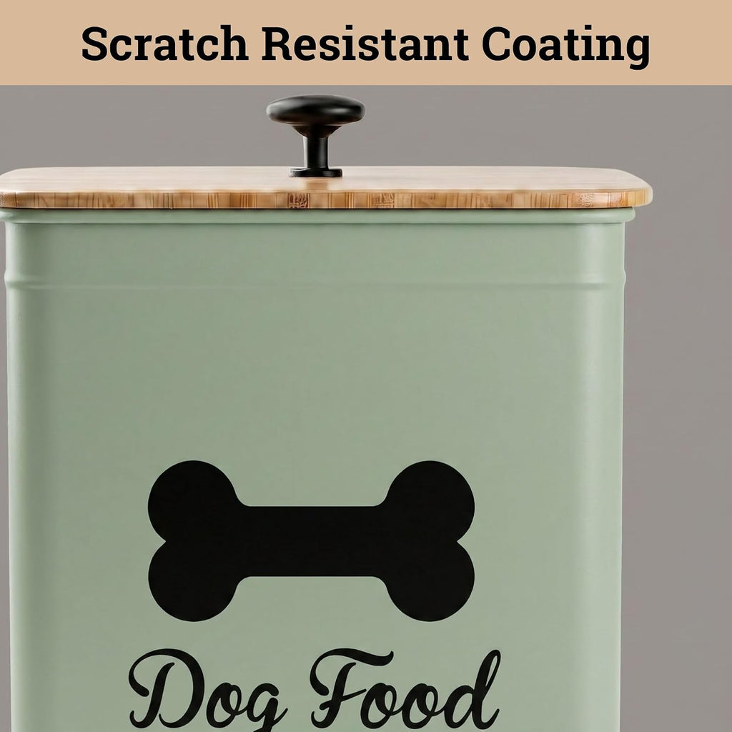 Metal Dog Food Container 5-7lb, 25 Cup w/ Airtight Bamboo Lid, Metal Handle